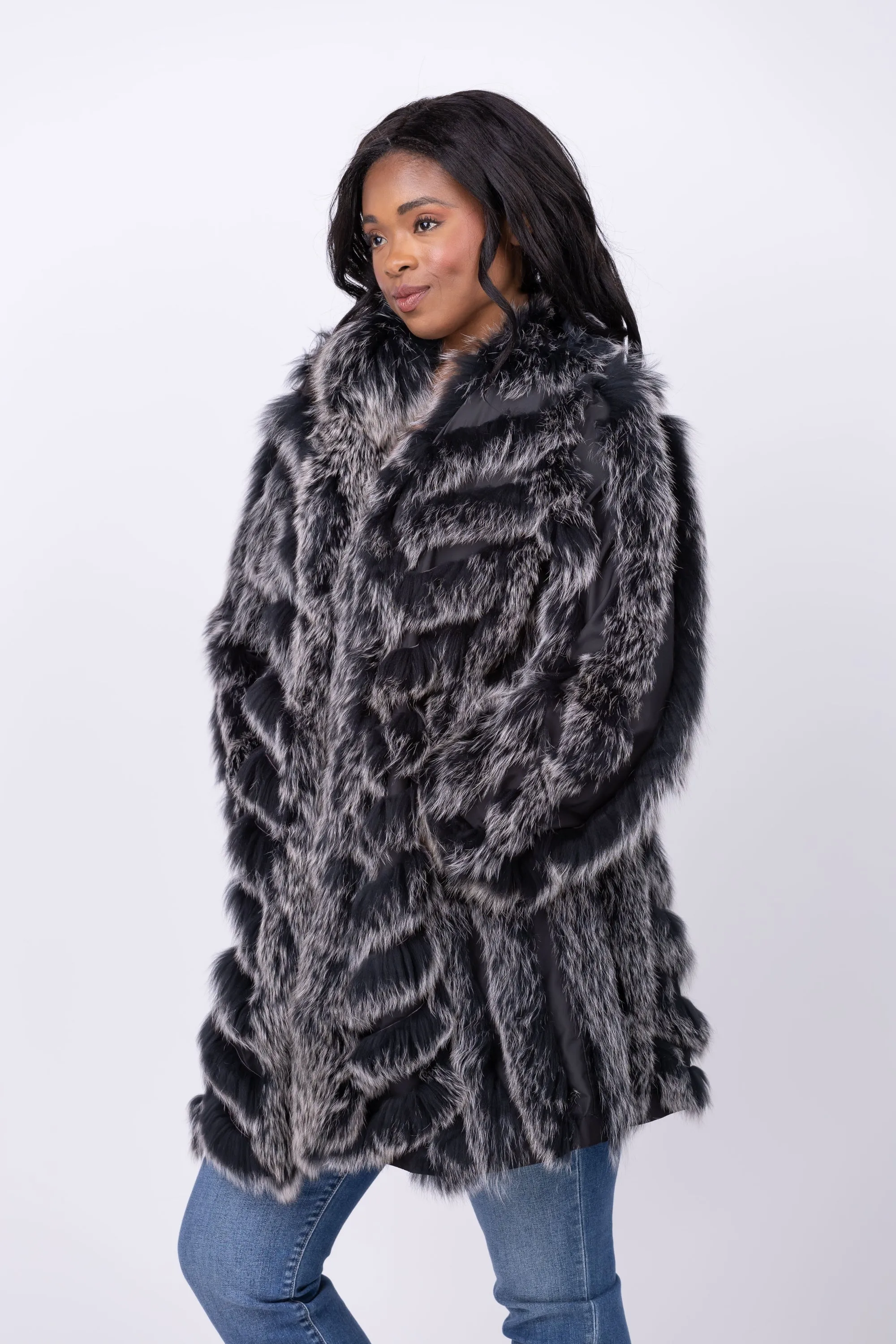 Linda Richards 35” Genuine Fox Fur Reversible Coat in Black