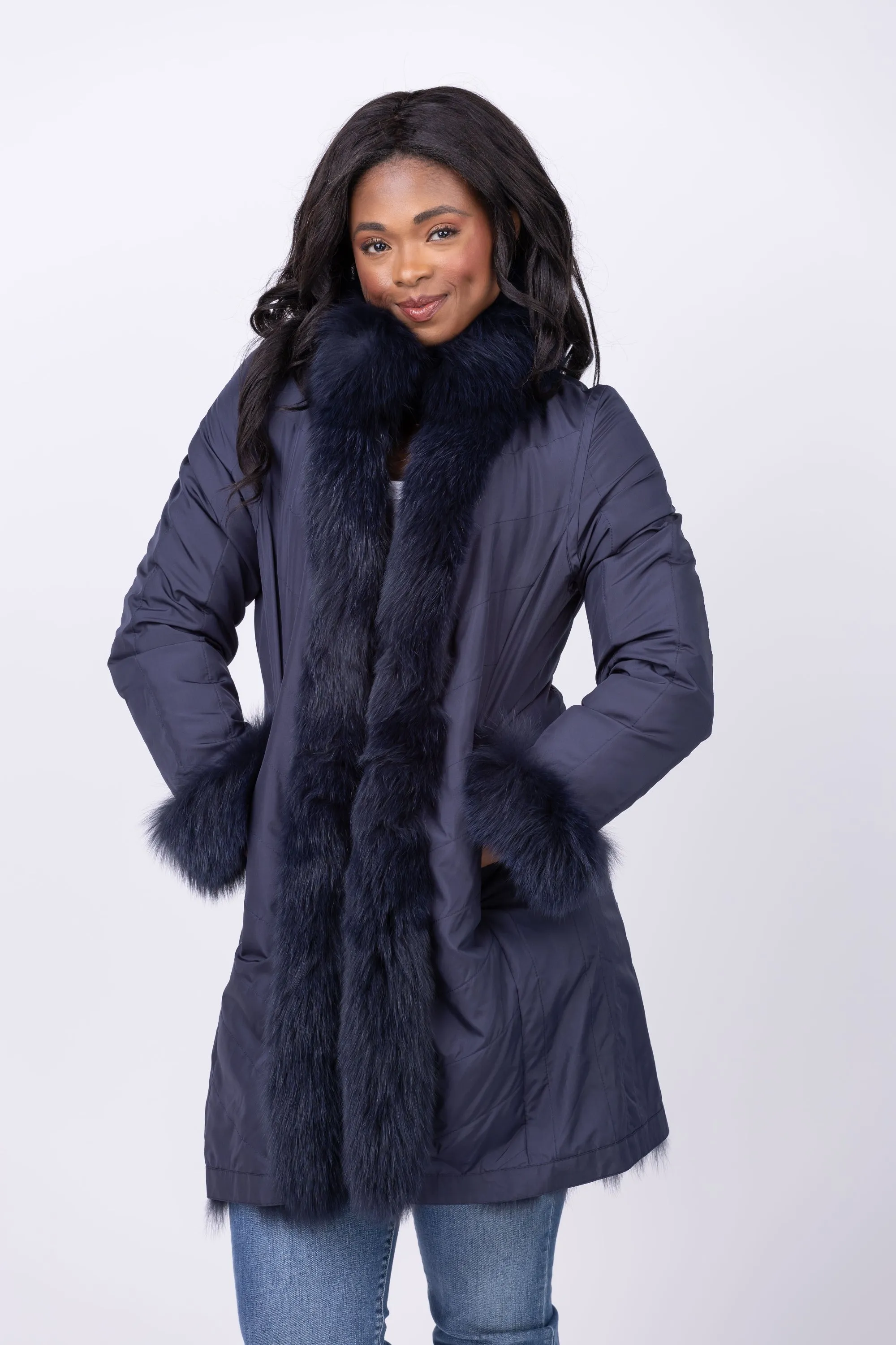 Linda Richards 35” Genuine Fox Fur Reversible Coat in Navy