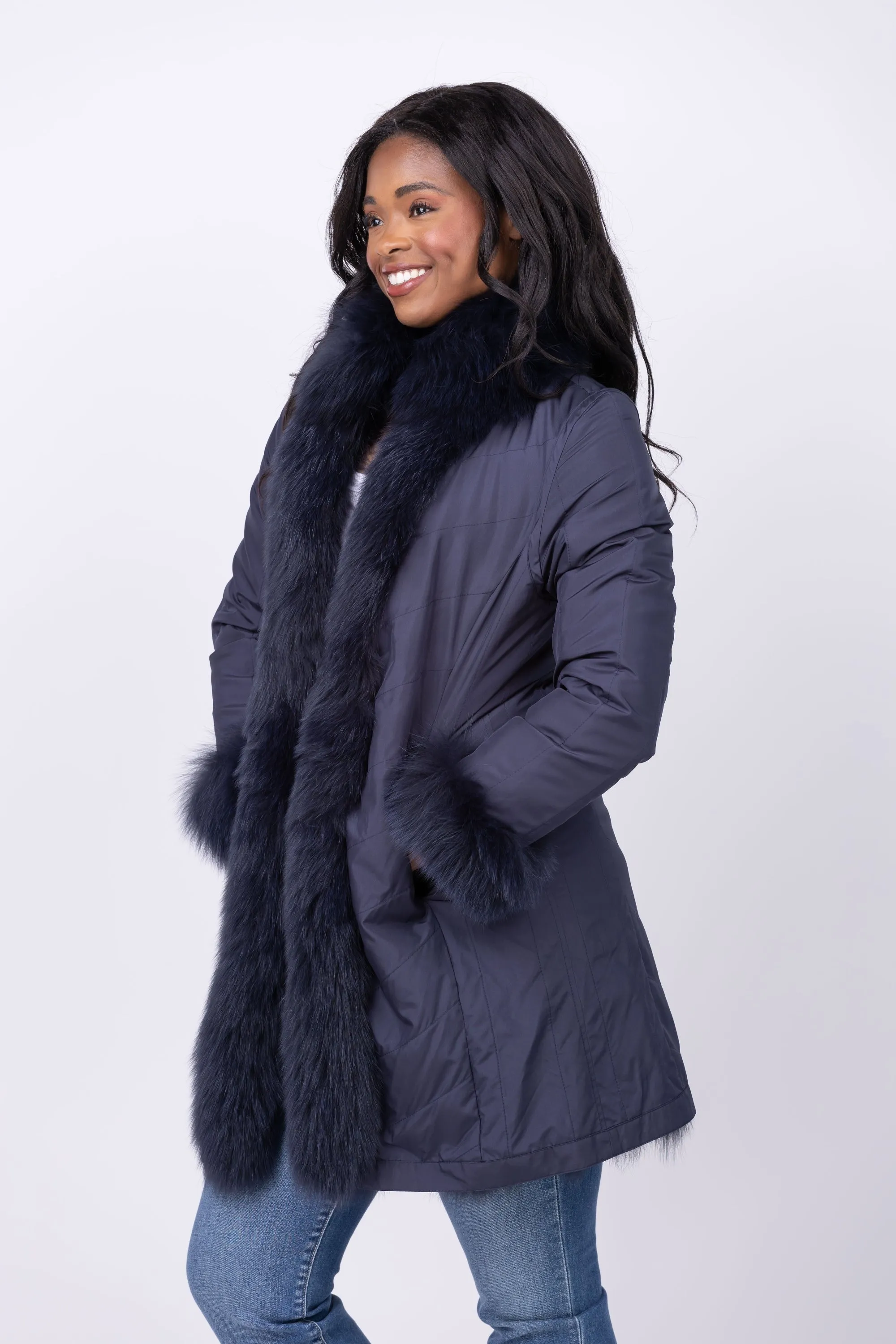 Linda Richards 35” Genuine Fox Fur Reversible Coat in Navy