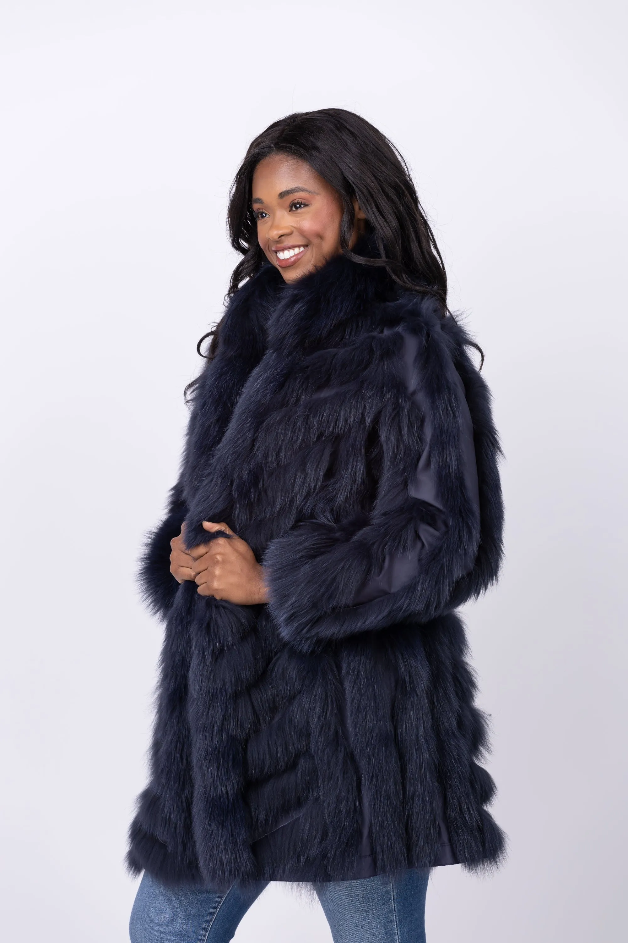 Linda Richards 35” Genuine Fox Fur Reversible Coat in Navy