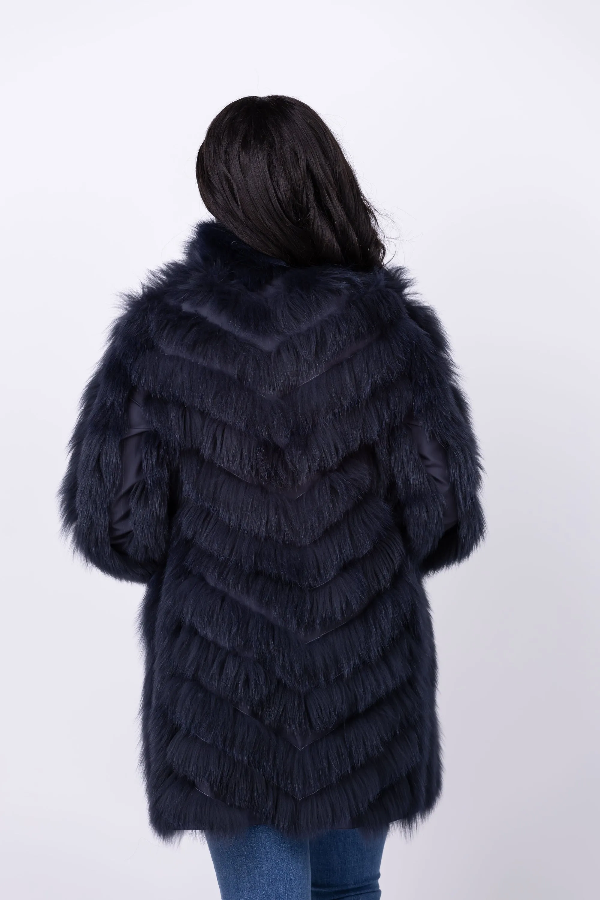 Linda Richards 35” Genuine Fox Fur Reversible Coat in Navy