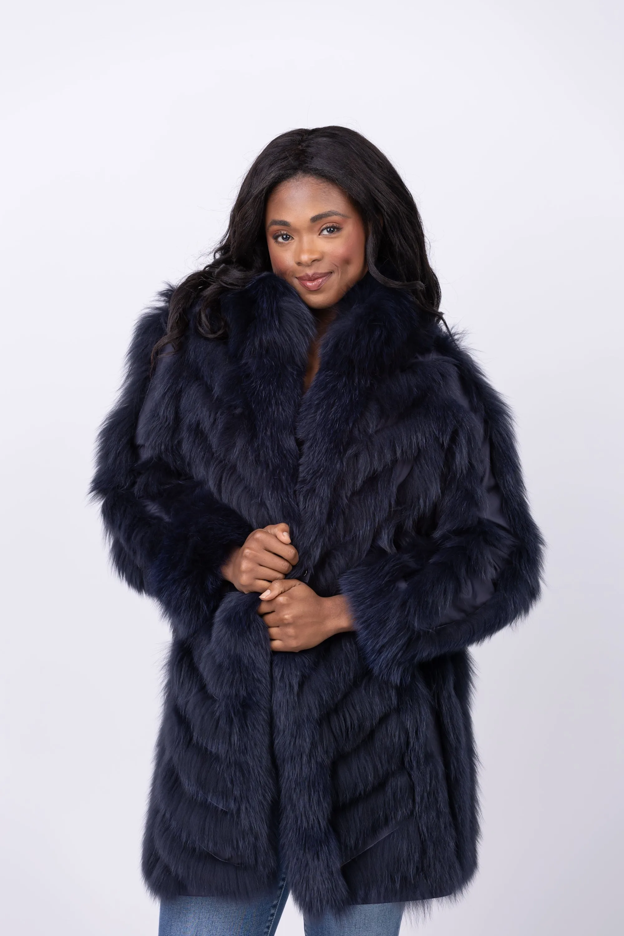 Linda Richards 35” Genuine Fox Fur Reversible Coat in Navy