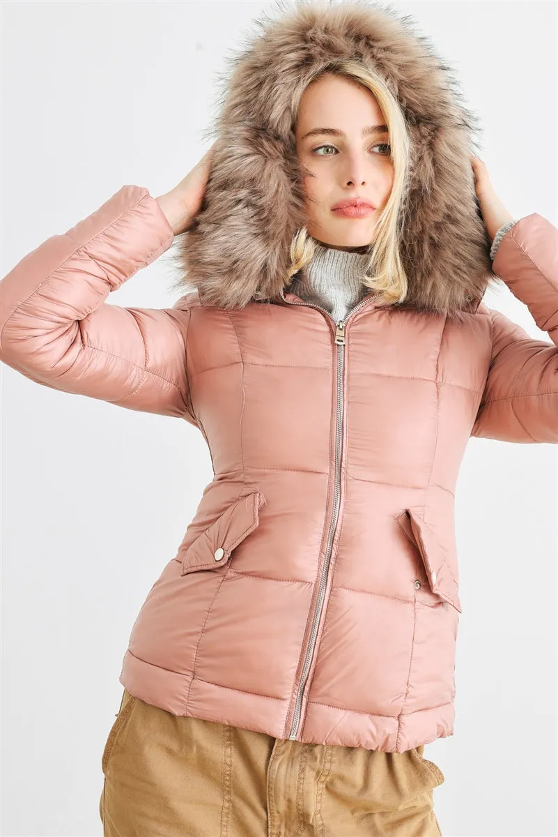 Long Sleeve Faux Fur Hood Padded Water Resistant Finish Jacket - 2 colors