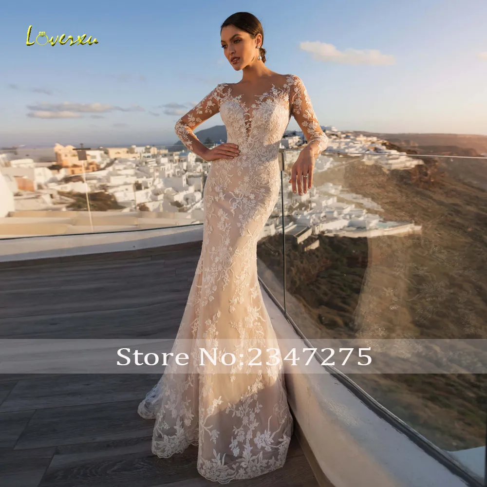 Long Sleeve Lace Mermaid Illusion Detachable Train Trumpet Vintage Bridal Gown Wedding Dress