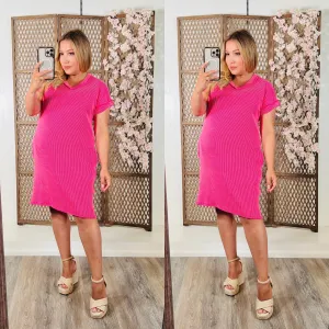 Loose Fit V-Neck Dress: Hot Pink