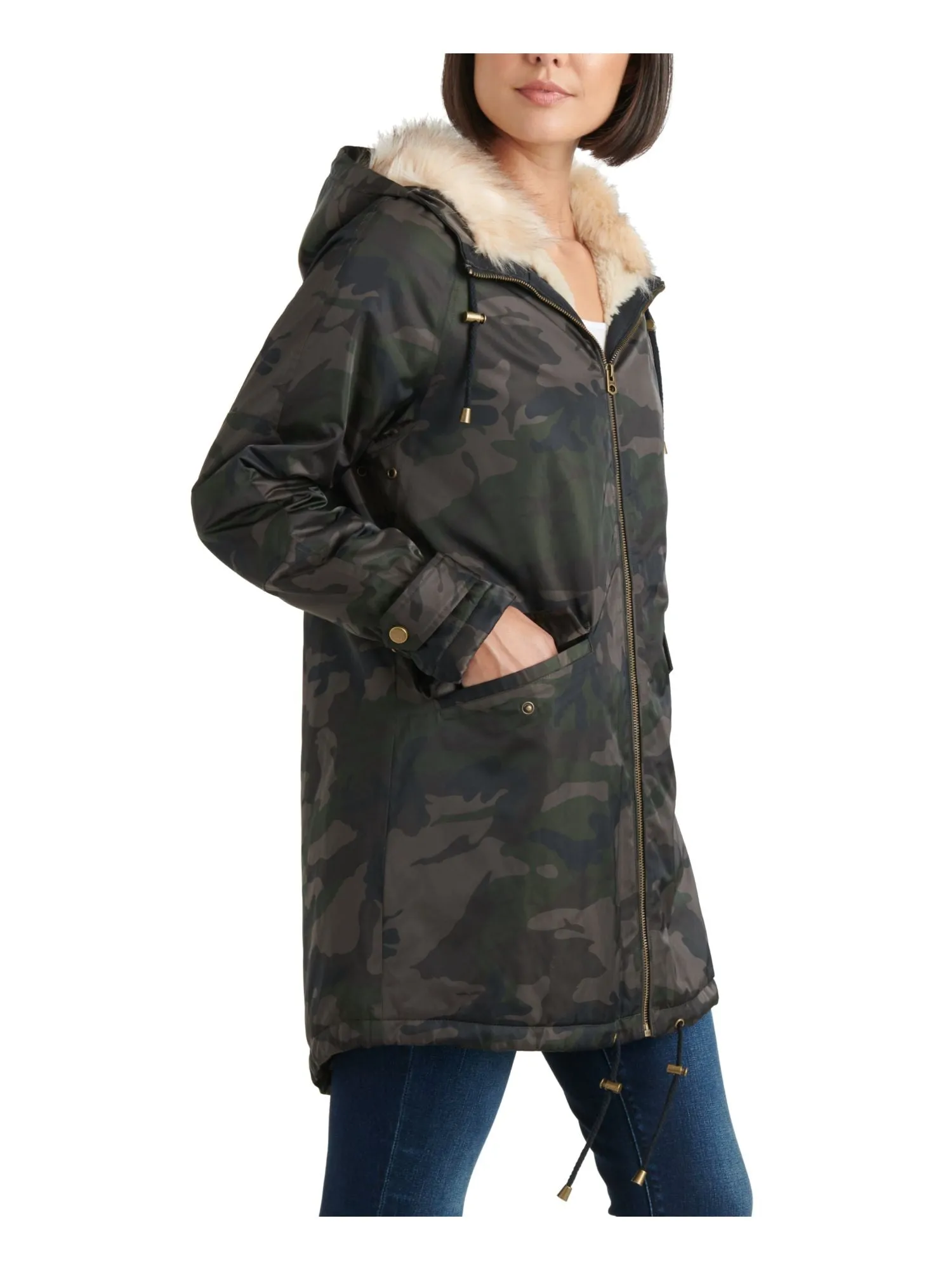 Lucky Brand Women's Camo Print Faux Fur Trim Coat Green Size X-Small