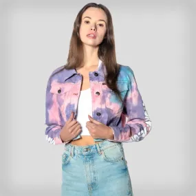 Members Only Women's Rugrats Tie-Dye Frayed Crop Denim Jacket