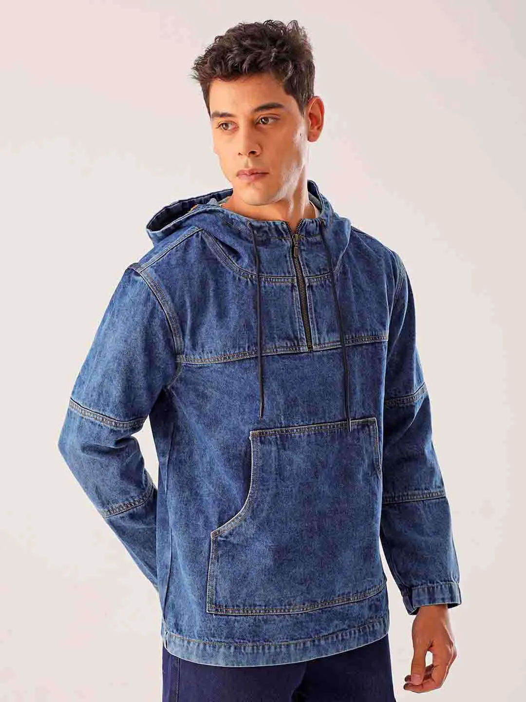 Men Blue Relaxed Fit Solid Hooded Denim Jacket