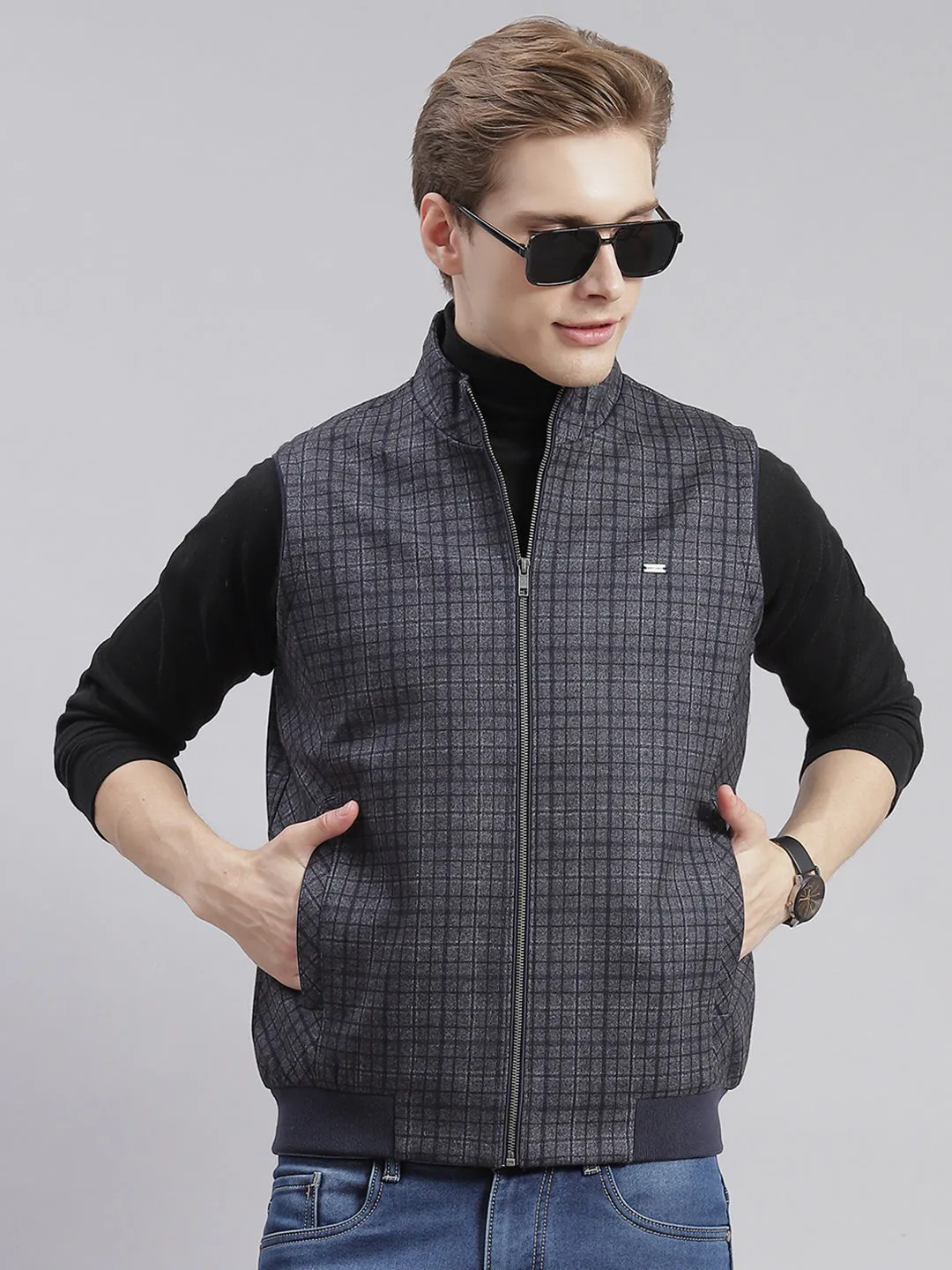 Men Grey Check Stand Collar Sleeveless Jackets