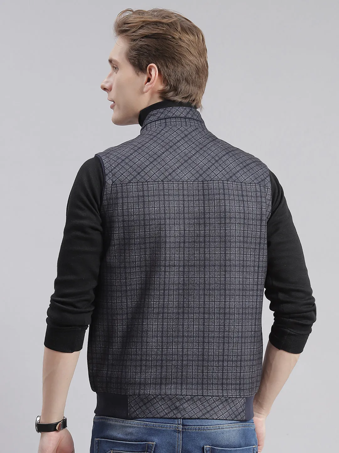 Men Grey Check Stand Collar Sleeveless Jackets