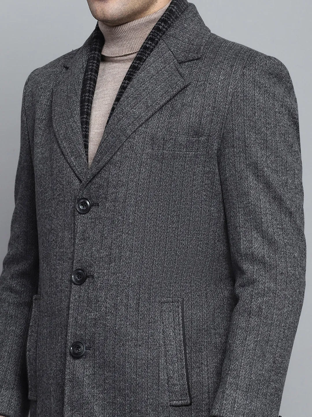 Men Grey Solid Notch lapel Collar Full Sleeve Coat