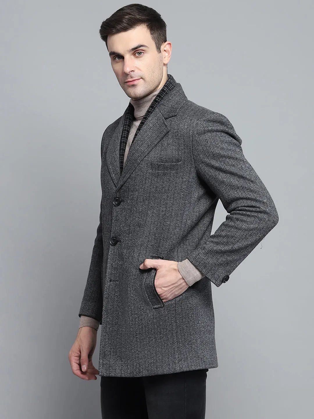 Men Grey Solid Notch lapel Collar Full Sleeve Coat