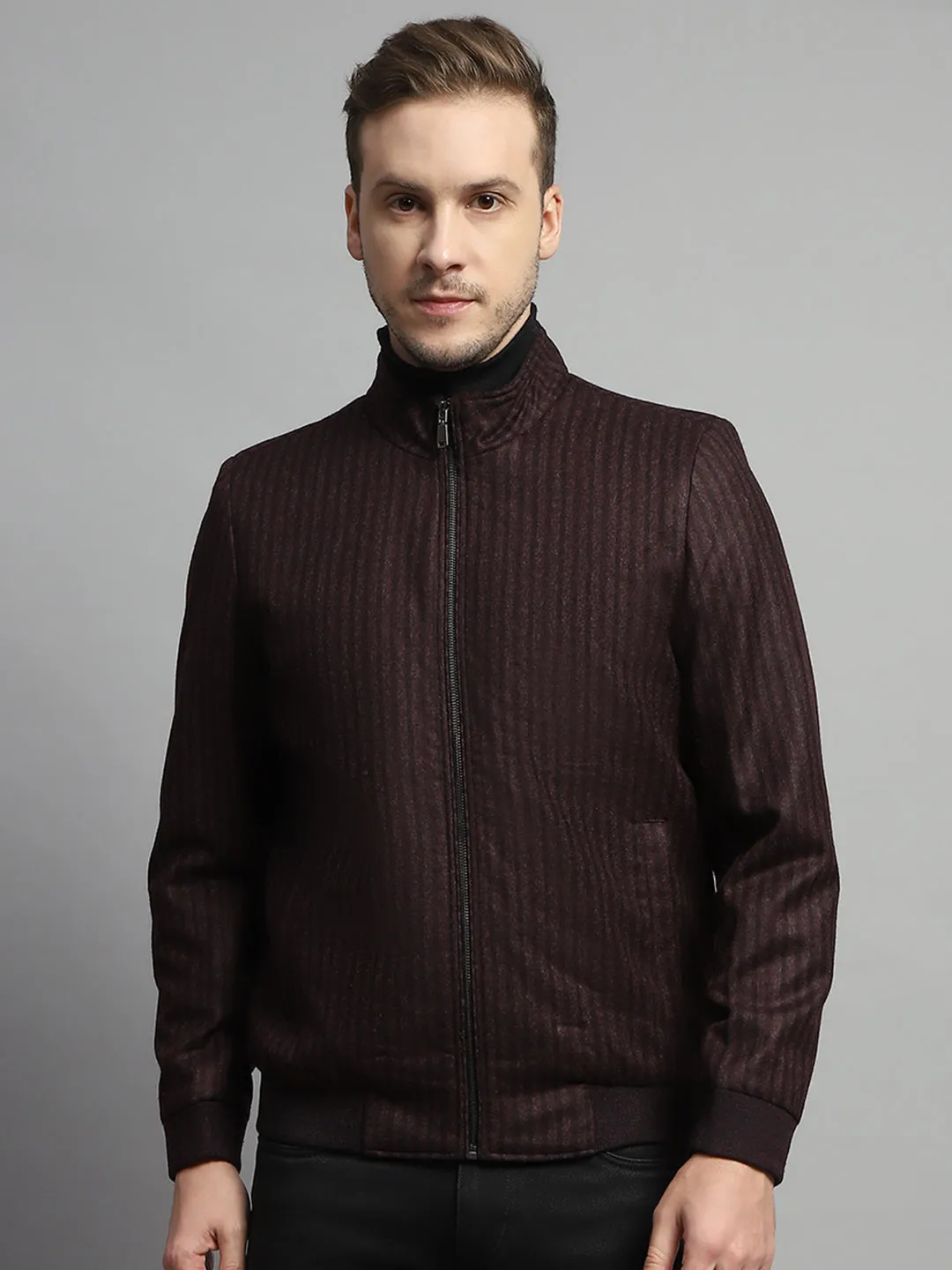 Men Maroon Stripe Mock Neck Full Sleeve Coat