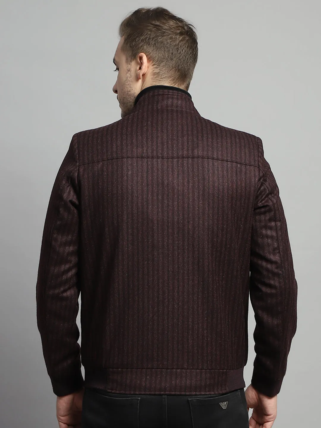 Men Maroon Stripe Mock Neck Full Sleeve Coat