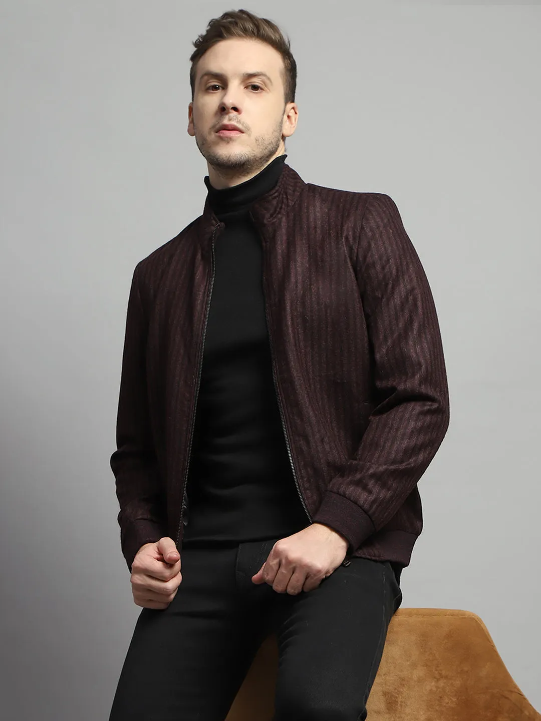 Men Maroon Stripe Mock Neck Full Sleeve Coat