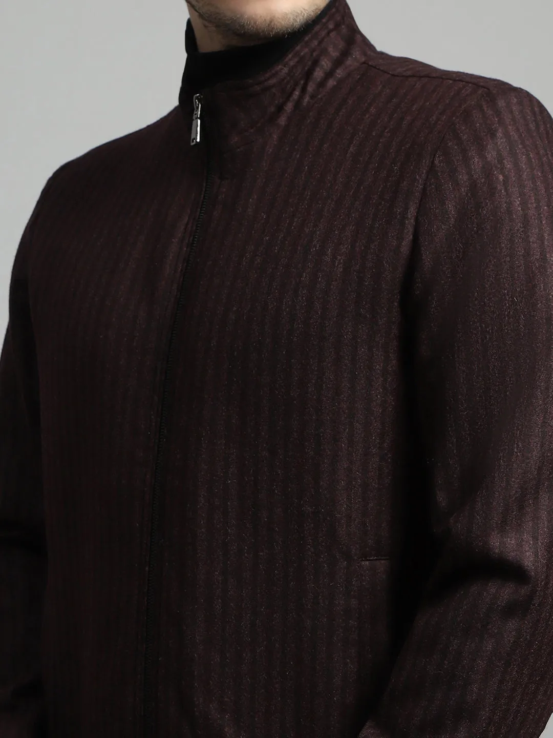 Men Maroon Stripe Mock Neck Full Sleeve Coat