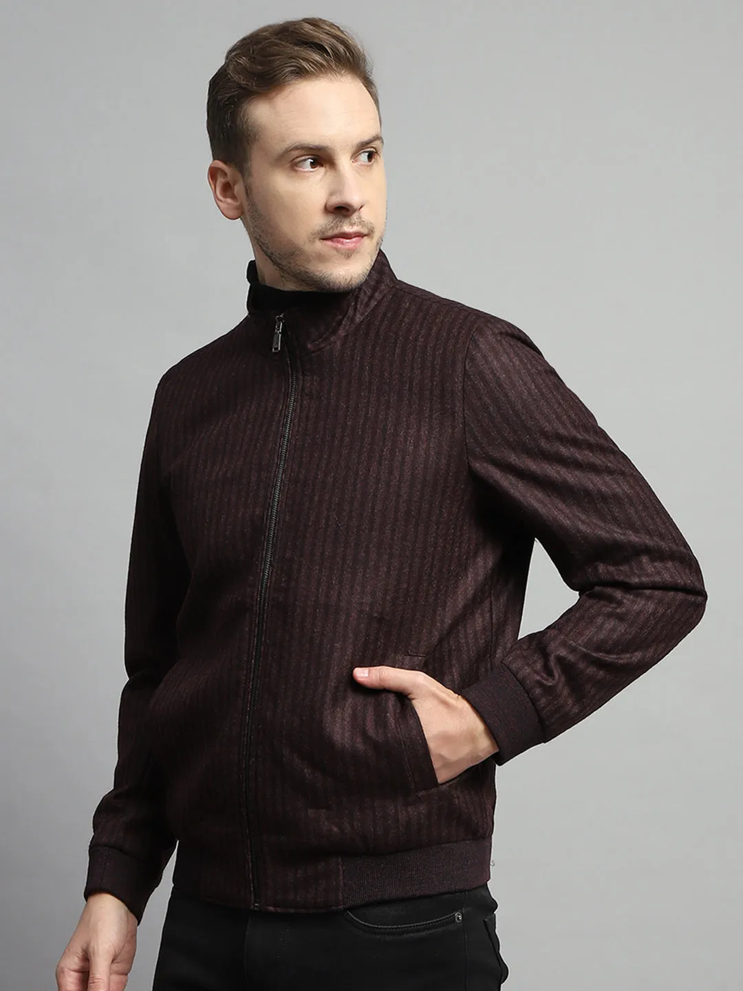 Men Maroon Stripe Mock Neck Full Sleeve Coat