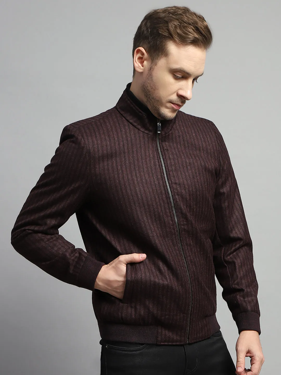 Men Maroon Stripe Mock Neck Full Sleeve Coat