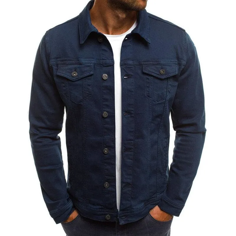 Men Solid Front Button Flap Pocket Denim Jacket