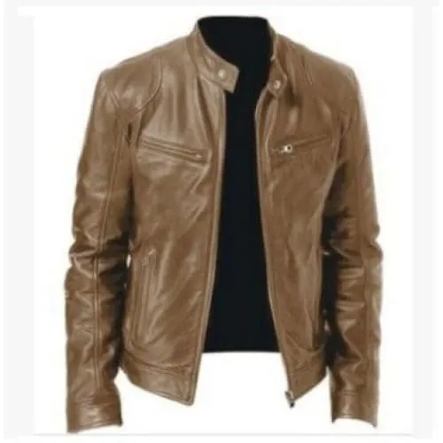 Men Zip Up Multi-Pocket PU Leather Moto Jacket