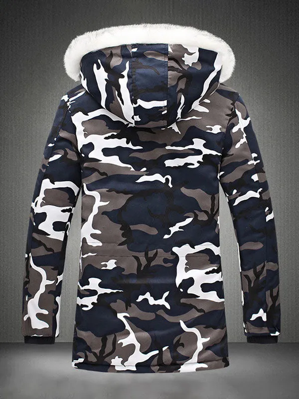 Men's Faux Fur Trim Camo Padded Jacket Coat