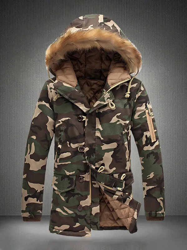 Men's Faux Fur Trim Camo Padded Jacket Coat