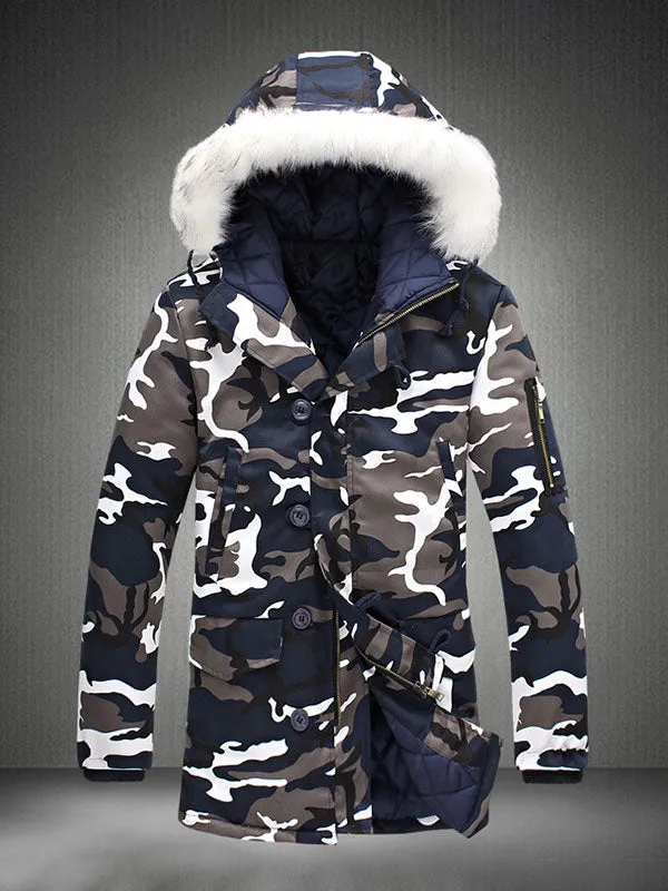 Men's Faux Fur Trim Camo Padded Jacket Coat