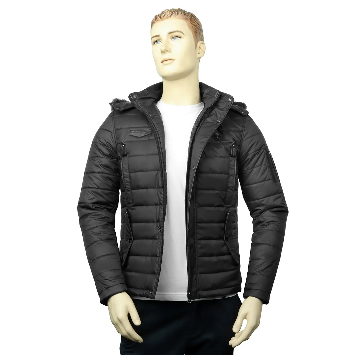 Men's Fur Hoodie Black Puffer Genuine Leather Trim Jacket by Brune & Bareskin