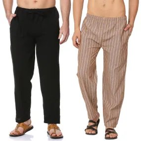 Men's Lounge Pants Pack of 2| Black & Brown Stripes | Fits Waist Size 28" to 36"