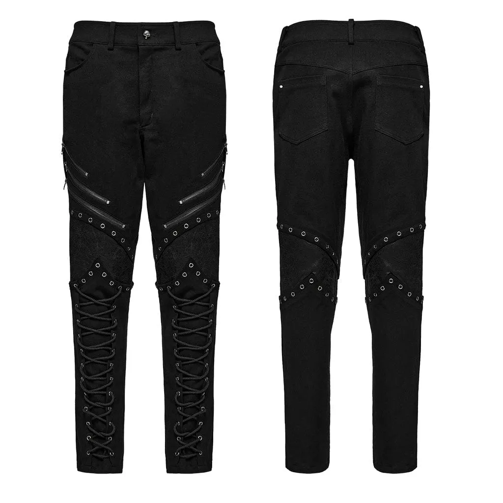 Men's Punk Strappy Faux Leather Splice Zipper Pants