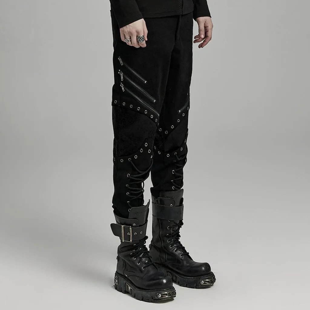 Men's Punk Strappy Faux Leather Splice Zipper Pants