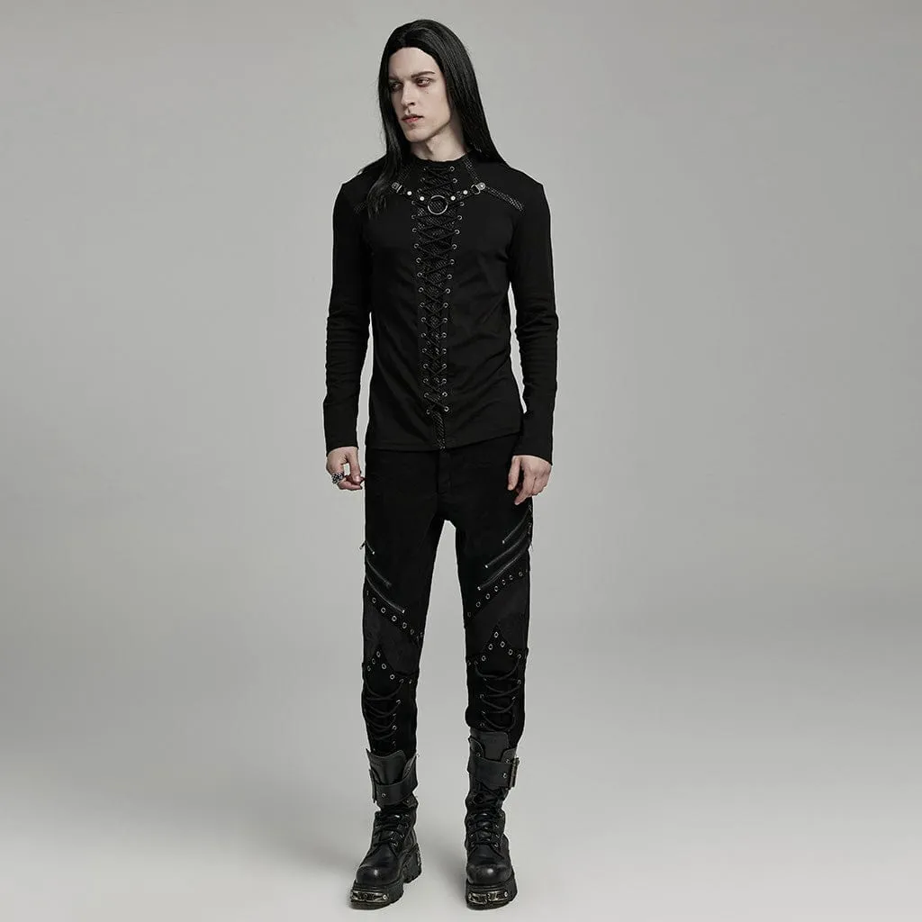 Men's Punk Strappy Faux Leather Splice Zipper Pants