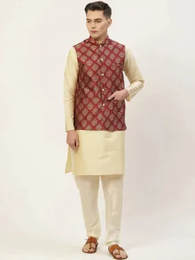 Men'S Solid Kurta Pyjama With Floral Maroon Printed Nehru Jacket