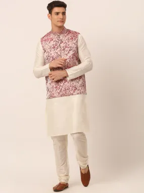 Men's Solid Kurta Pyjama With Maroon Floral Embroidered Nehru Jacket