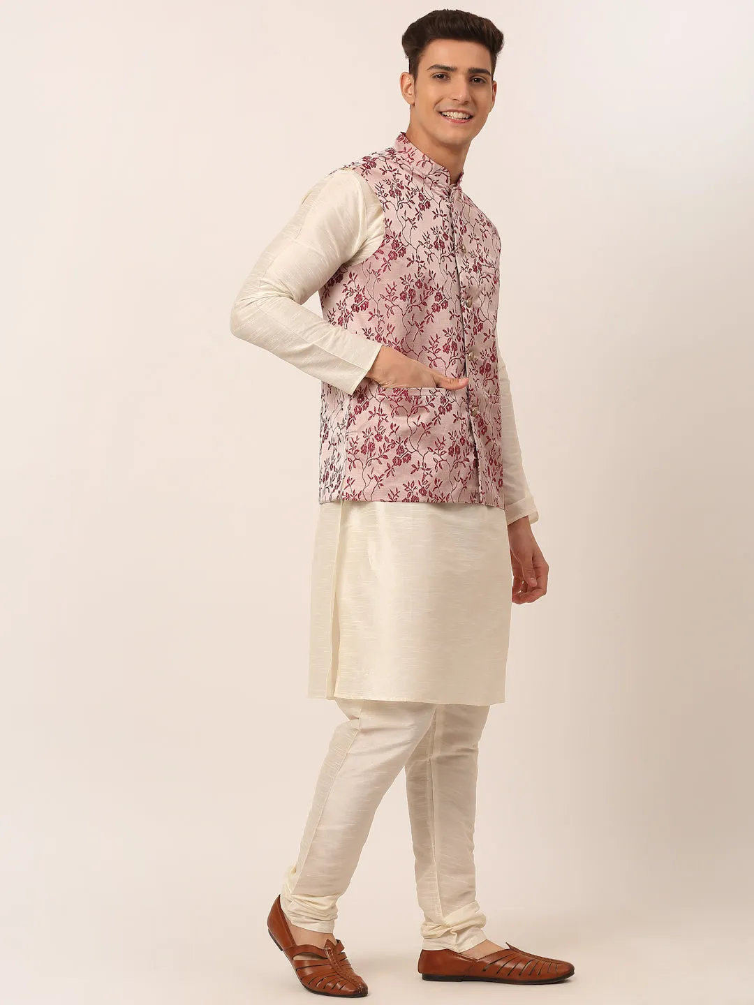 Men's Solid Kurta Pyjama With Maroon Floral Embroidered Nehru Jacket