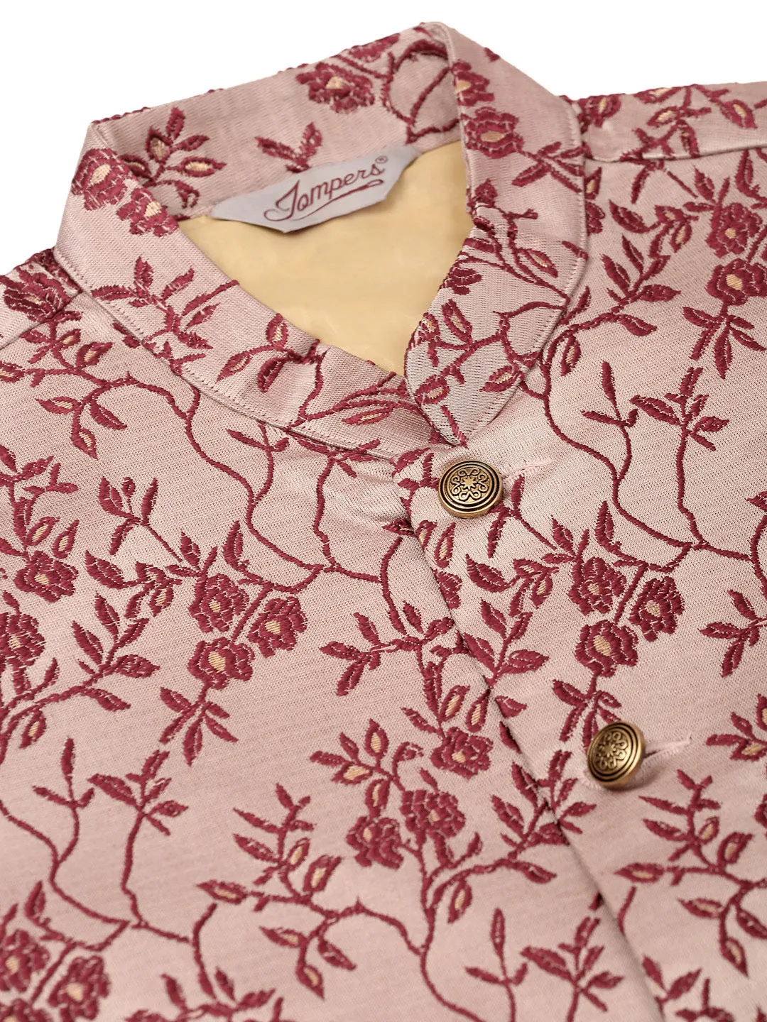 Men's Solid Kurta Pyjama With Maroon Floral Embroidered Nehru Jacket