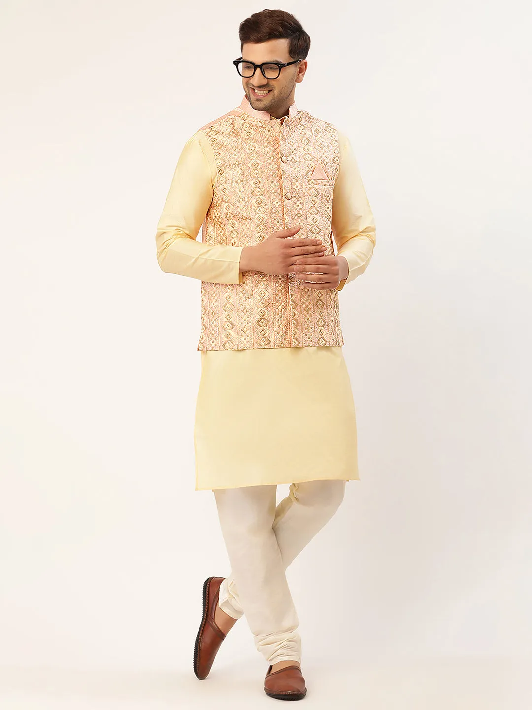 Men's Solid Kurta Pyjama With Pink Embroidered Nehru Jacket