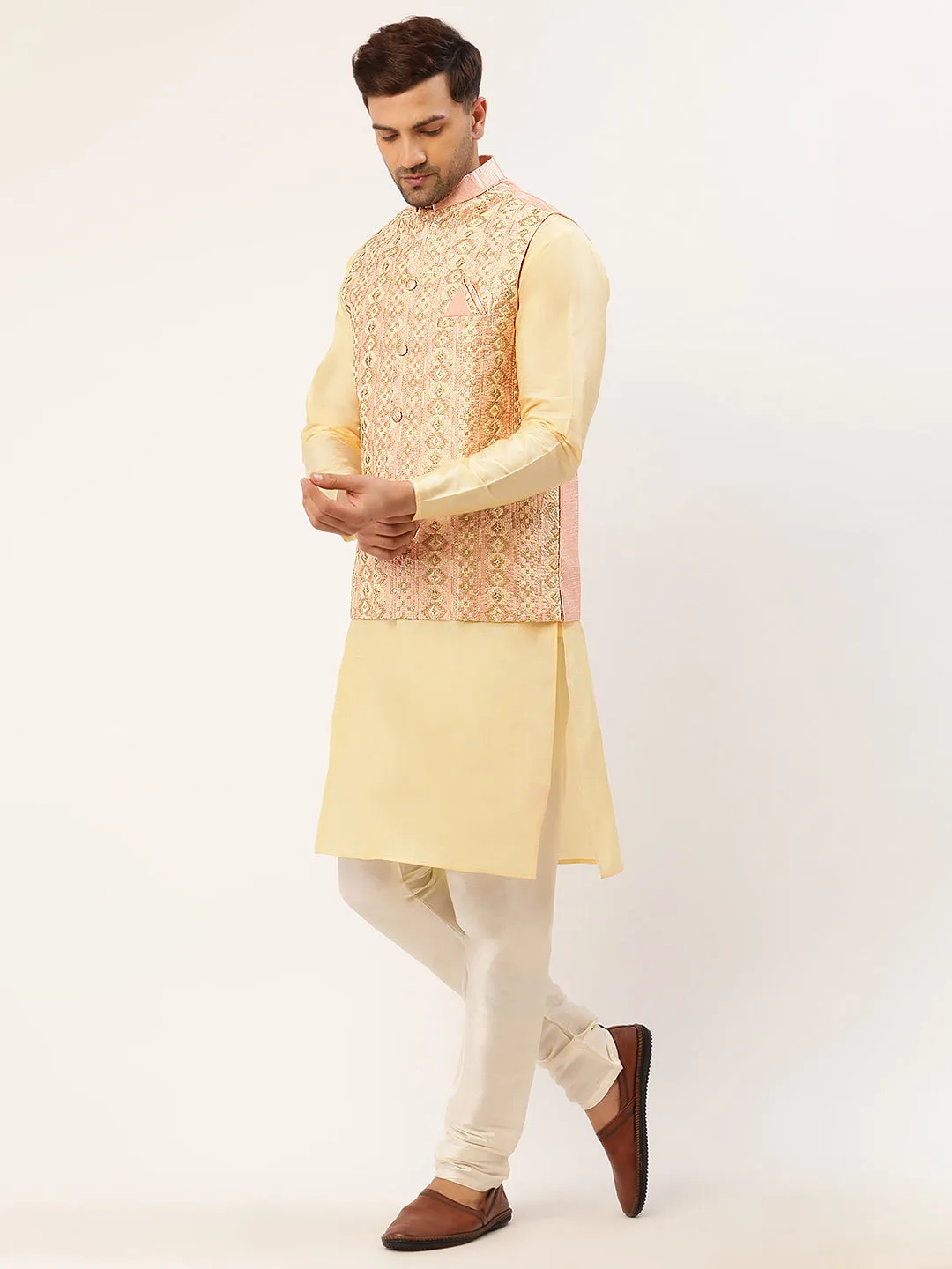 Men's Solid Kurta Pyjama With Pink Embroidered Nehru Jacket