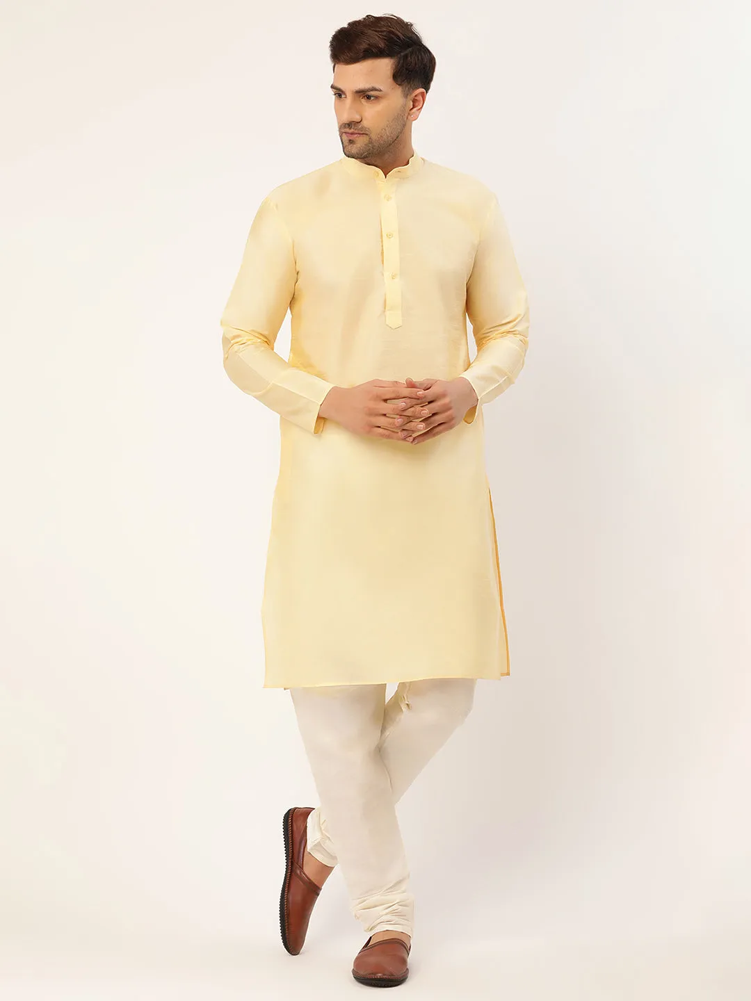 Men's Solid Kurta Pyjama With Pink Embroidered Nehru Jacket