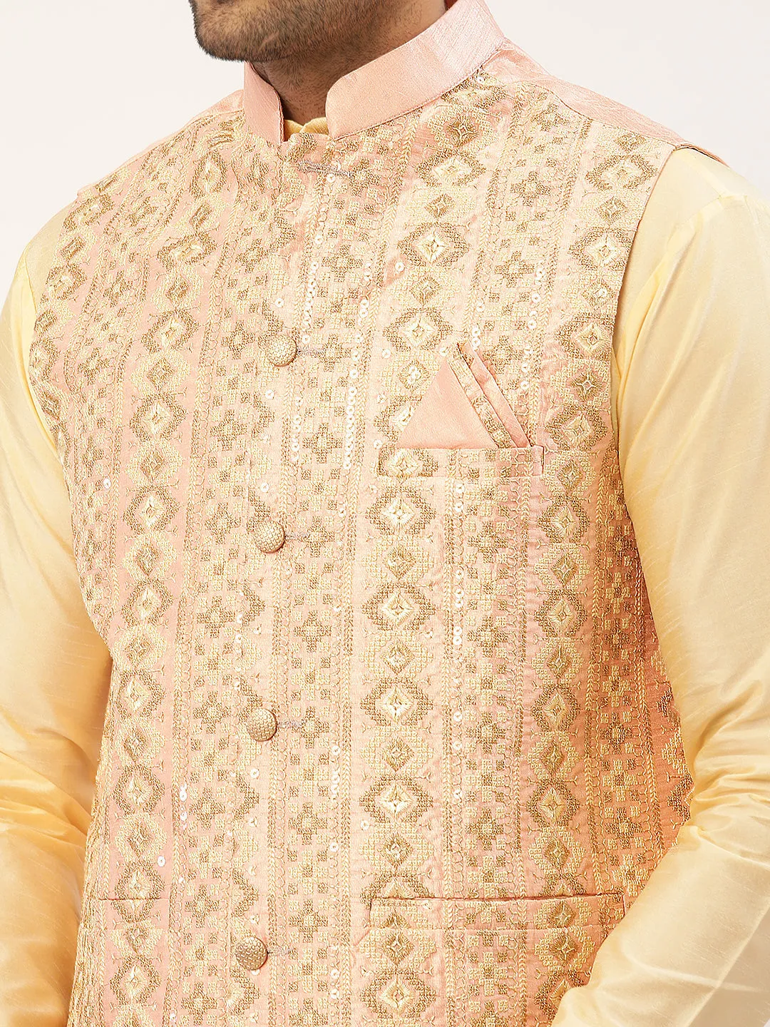 Men's Solid Kurta Pyjama With Pink Embroidered Nehru Jacket