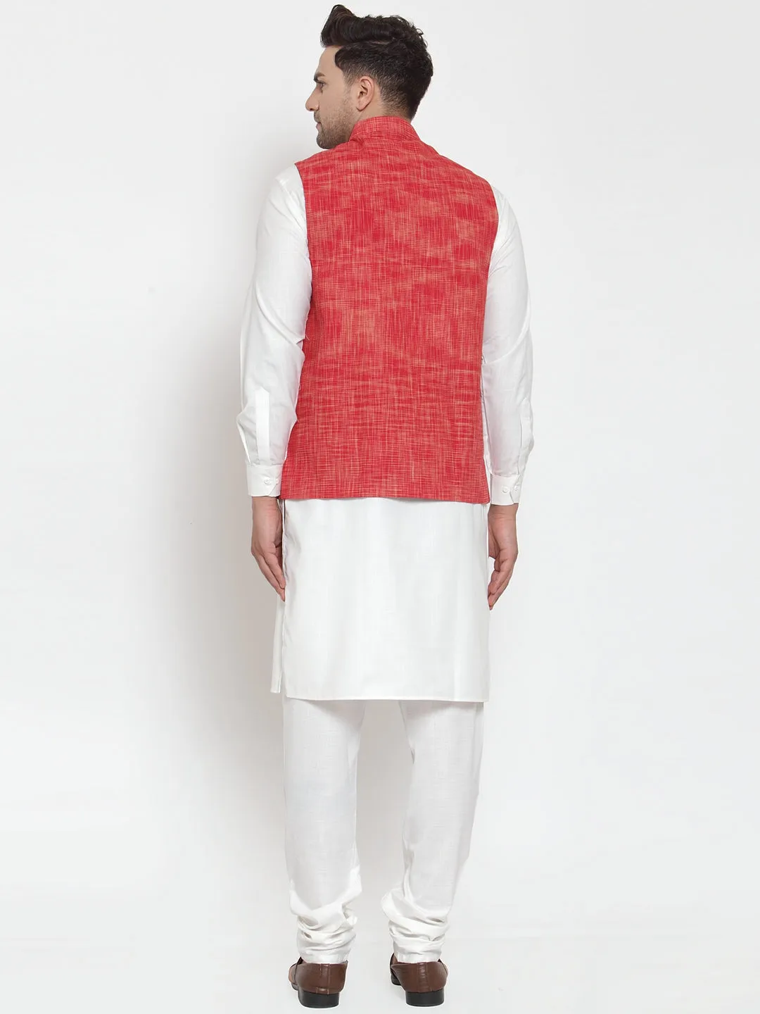 Men's White Solid Kurta with Pyjamas & Red Nehru Jacket ( JOKP WC 4065 Red-W ) - Virat Fashions