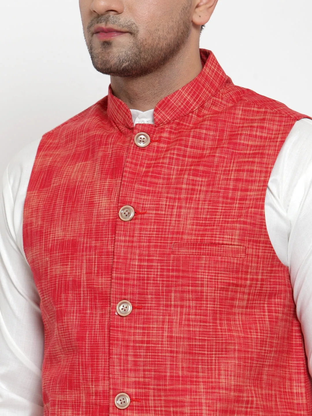 Men's White Solid Kurta with Pyjamas & Red Nehru Jacket ( JOKP WC 4065 Red-W ) - Virat Fashions