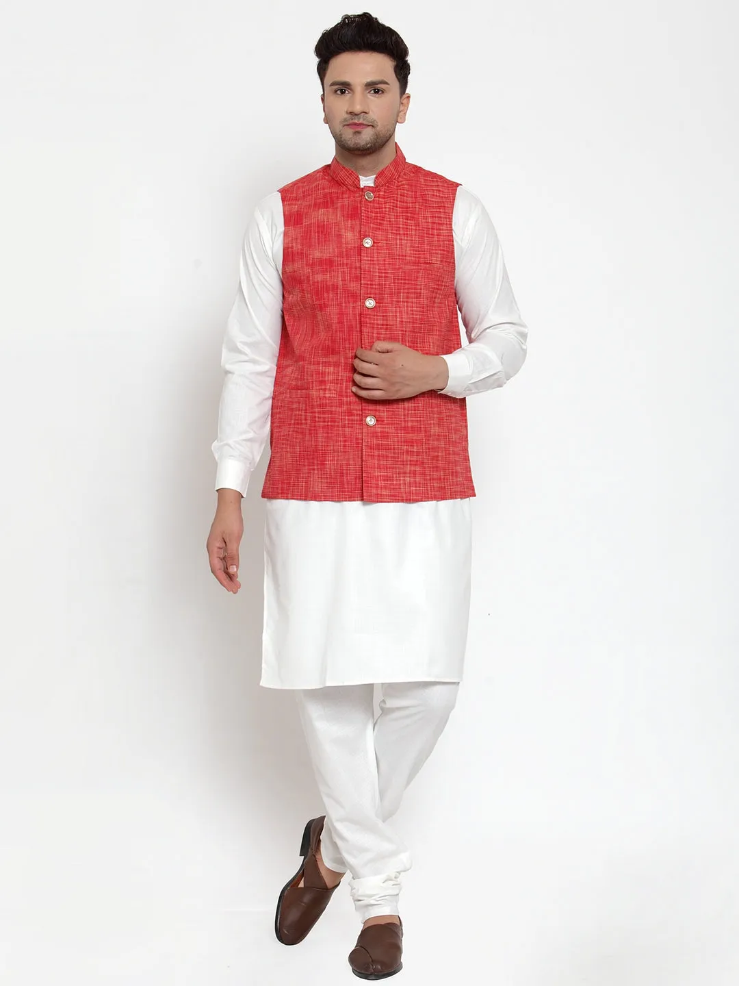 Men's White Solid Kurta with Pyjamas & Red Nehru Jacket ( JOKP WC 4065 Red-W ) - Virat Fashions