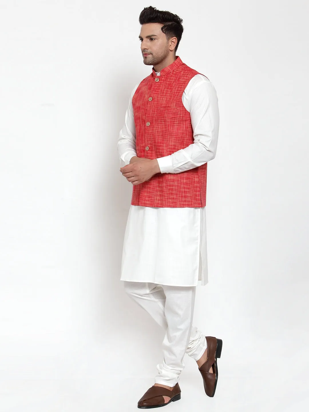 Men's White Solid Kurta with Pyjamas & Red Nehru Jacket ( JOKP WC 4065 Red-W ) - Virat Fashions