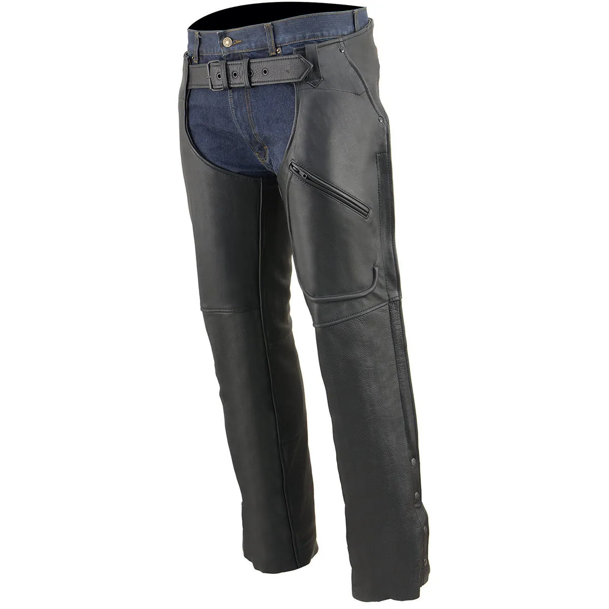 Milwaukee Leather Chaps for Men's Black Naked Leather Front 3-Pockets - Thigh Patch Pocket Motorcycle Chap - ML1766