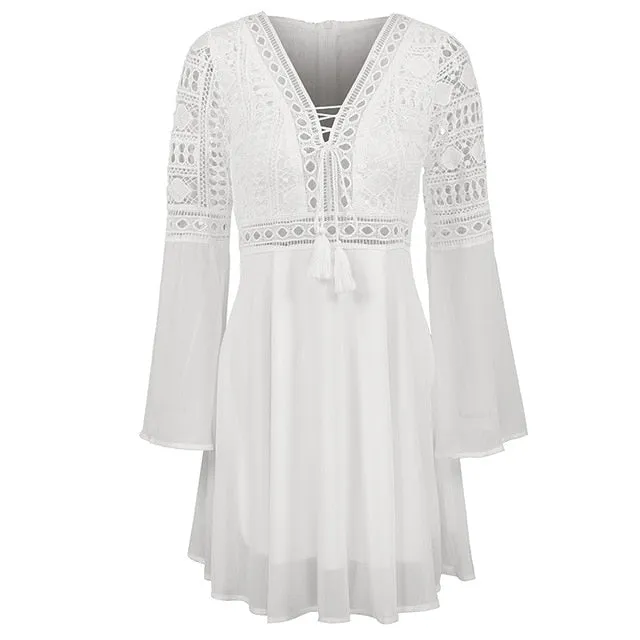 Mini V Neck Hollow Out Chiffon  Criss Cross Plunge Long Sleeve Crochet White Lace Dress