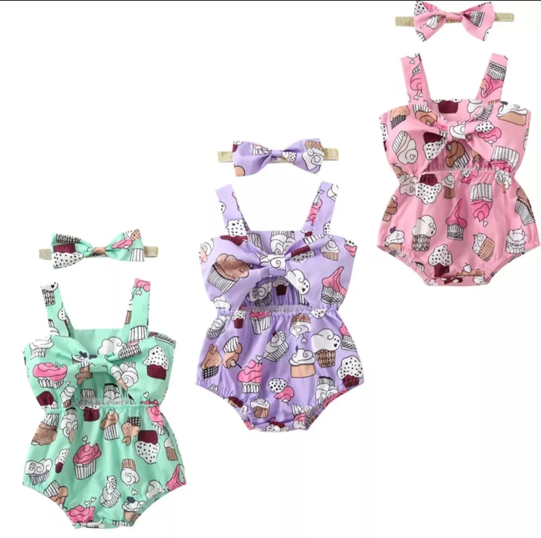 Mint Cup Cake Bowknot Romper #1000499