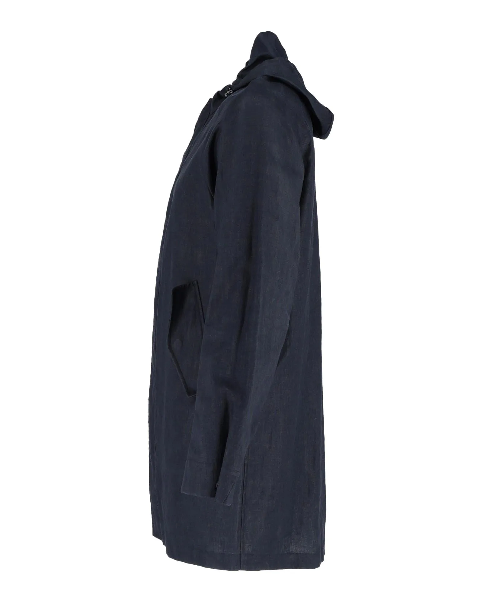 Navy Linen Hooded Coat with Water and Wind Resistance Technology