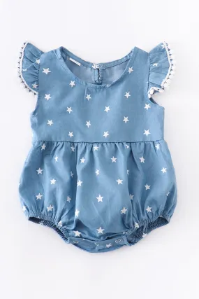 Navy star pom pom girl romper