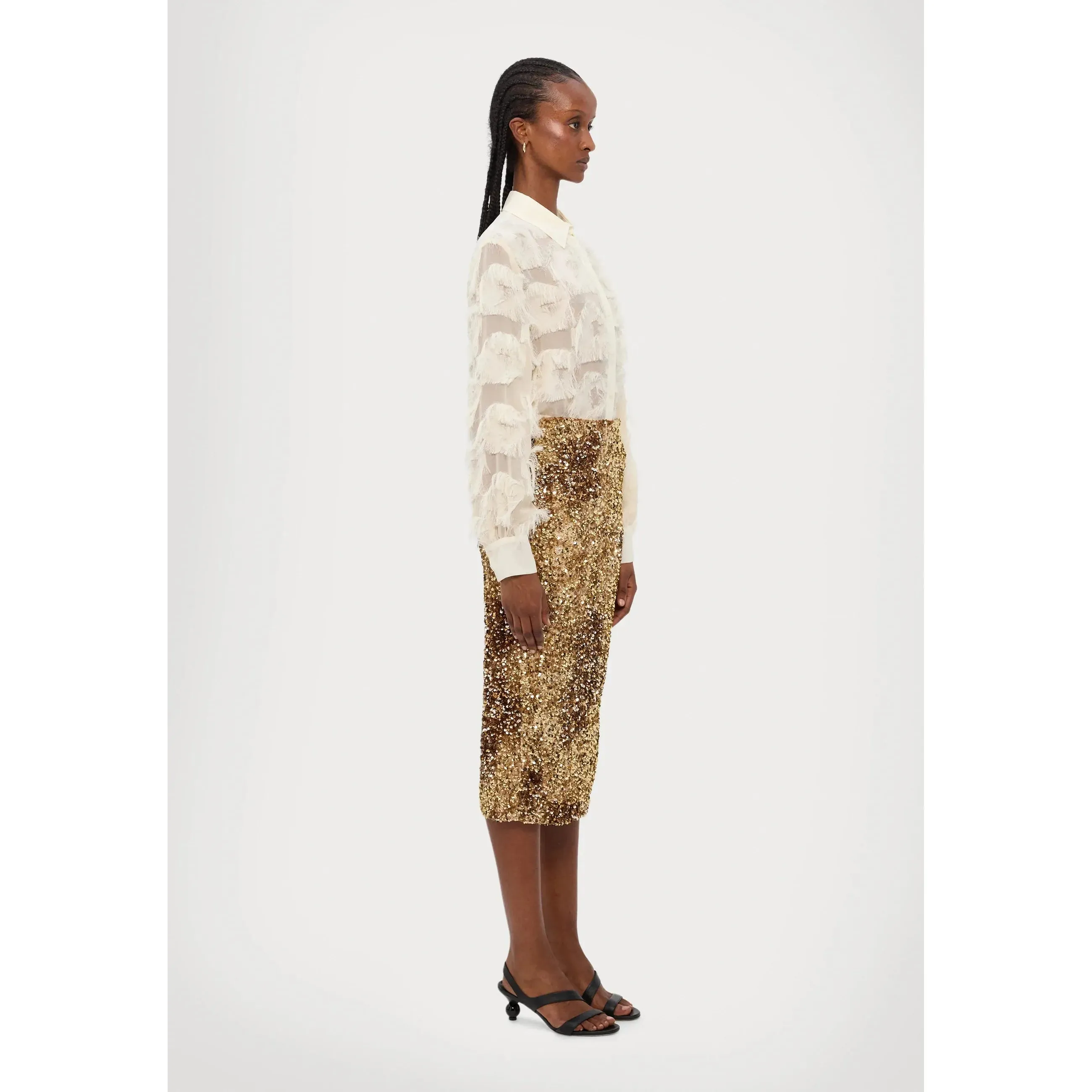 NICHOLS2 Sequin Jersey Midi Skirt Hazlenut Brown